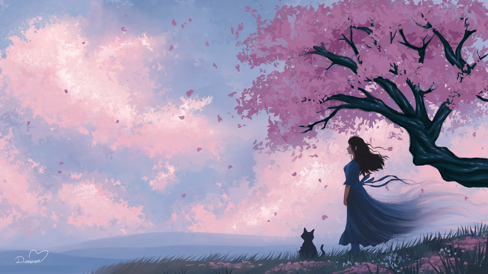 Speedpaint video of Under the Blossoms: a woman and a black cat under a cherry tree