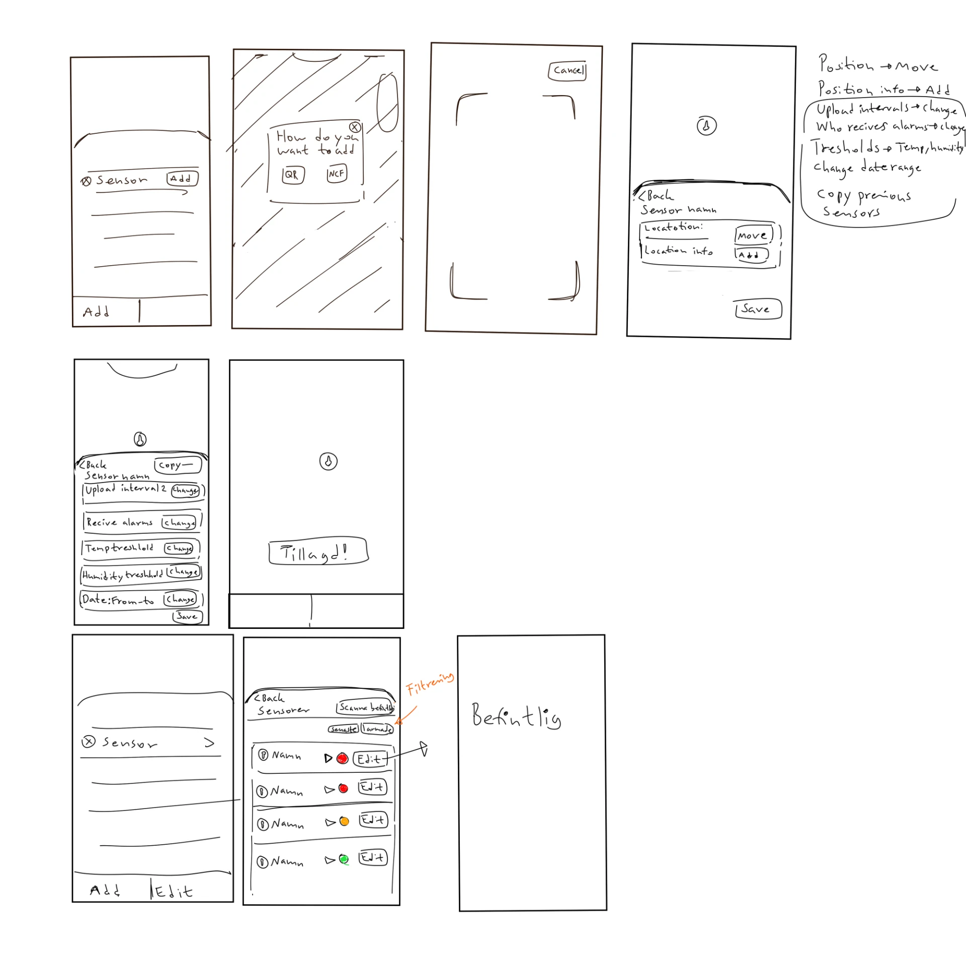 Sketches of the sensor registration and settings flow