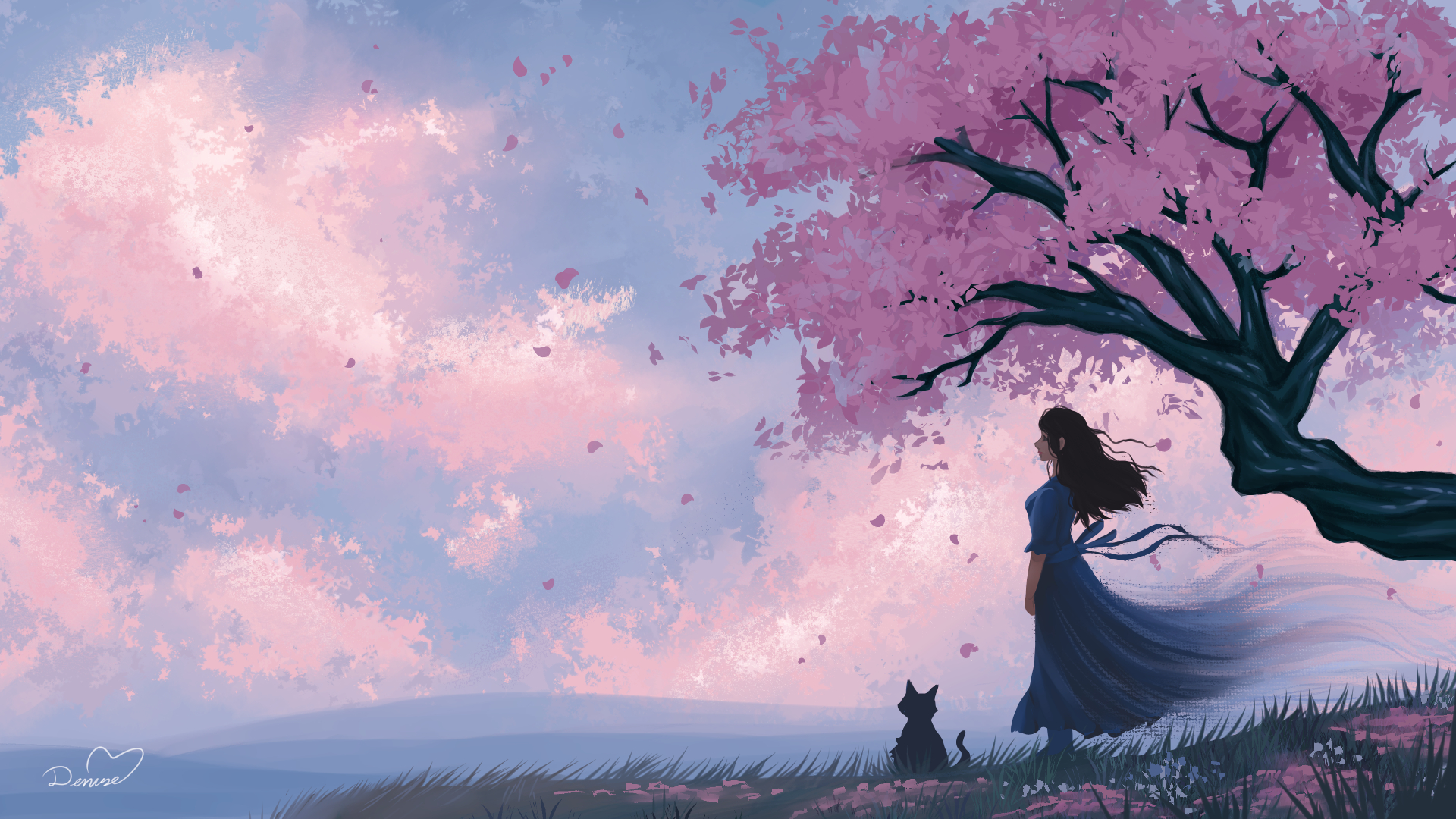 Girl and cat under a pink cherry blossom tree