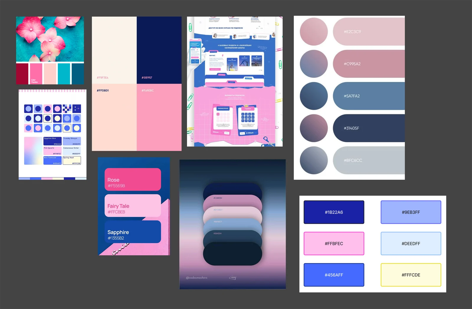 Moodboard of pink and blue colour palettes and playful web references