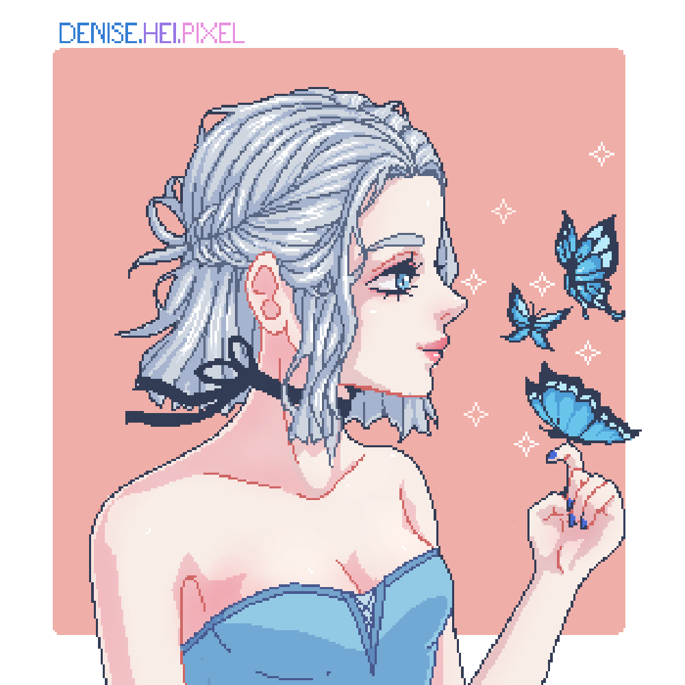 Pixel art portrait of a silver-haired girl with blue butterflies