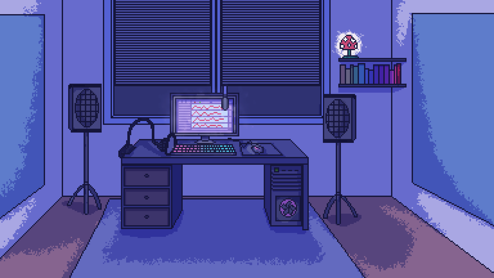 Pixel art music production room at night