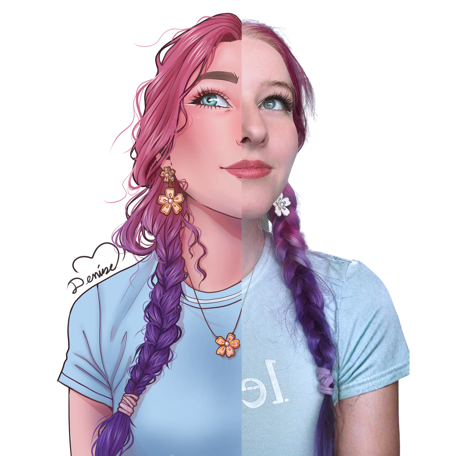 Half drawing, half photo self portrait with a purple braid