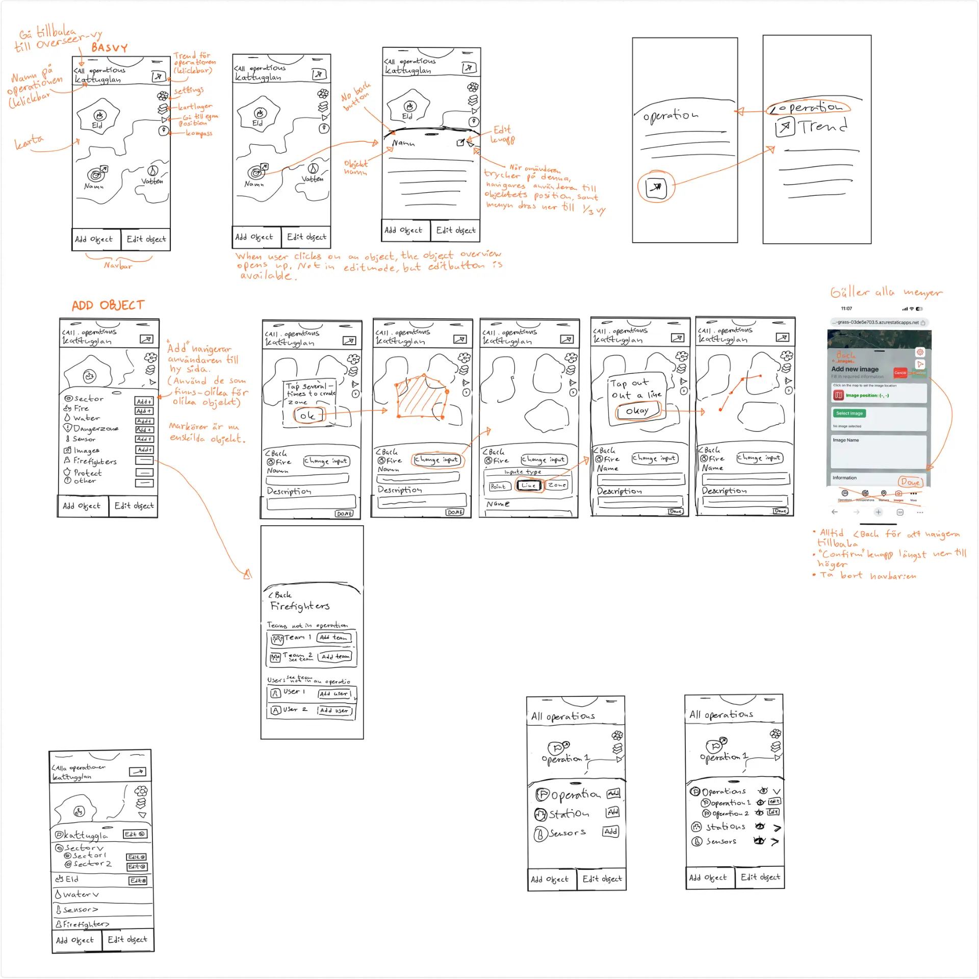 Sketches of the base map view and the add object flow
