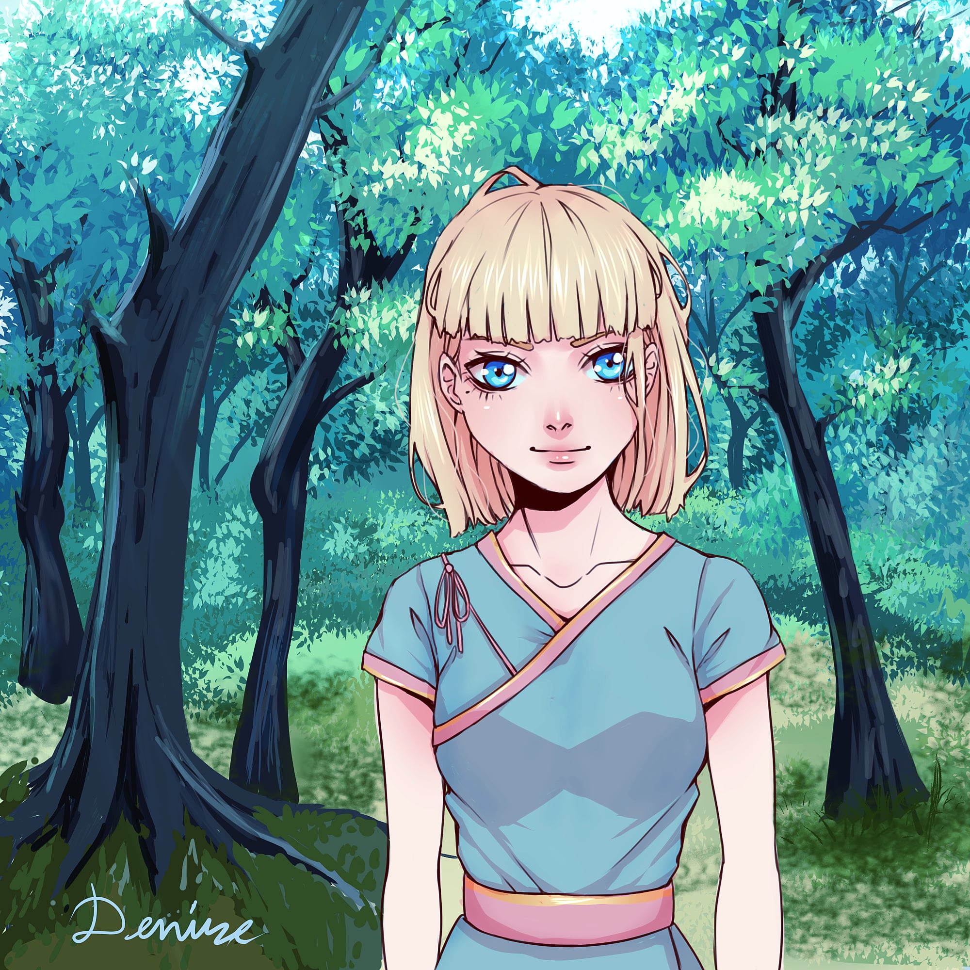 Blonde anime girl in a forest