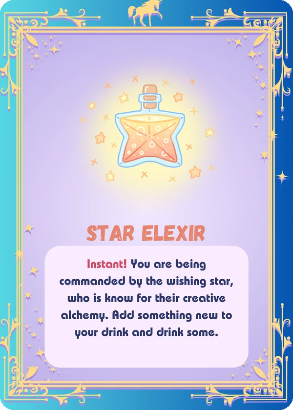Unicorn drinking game card: Star Elixir, a star-shaped potion bottle