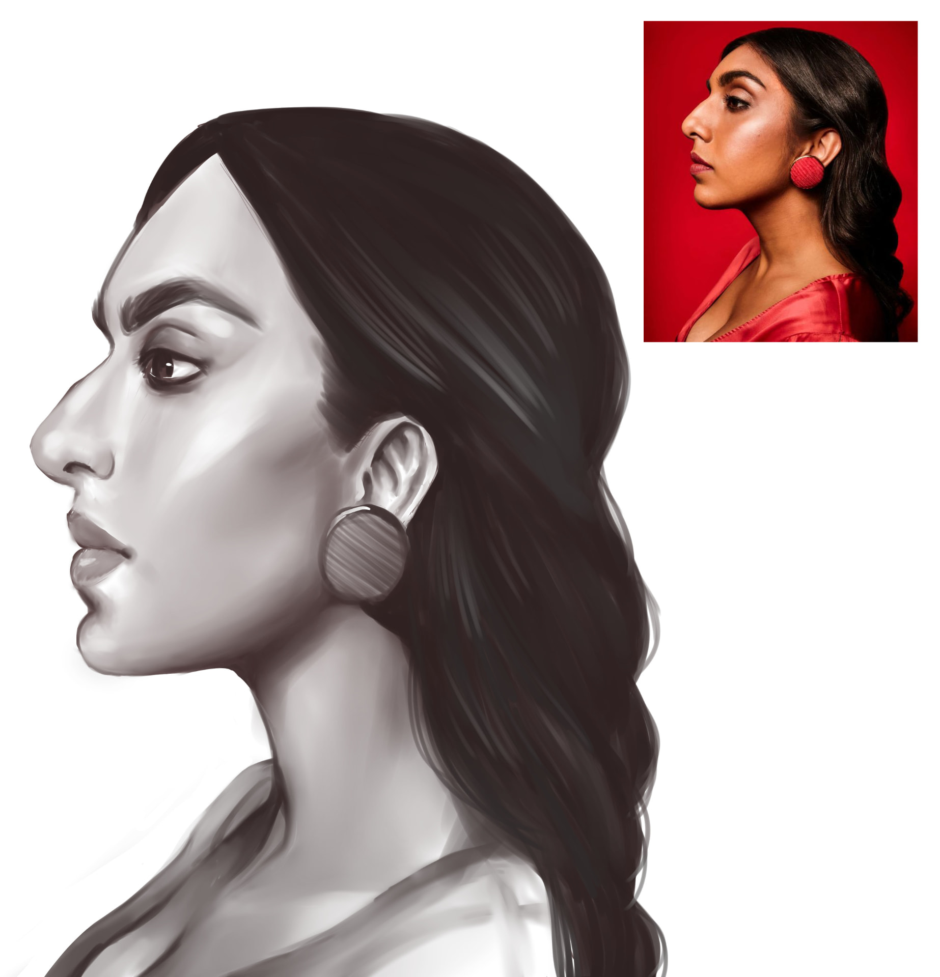 Grayscale profile portrait study of a woman with a round earring