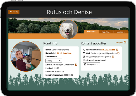 Alternative 1: client detail view with contact information shown on a tablet