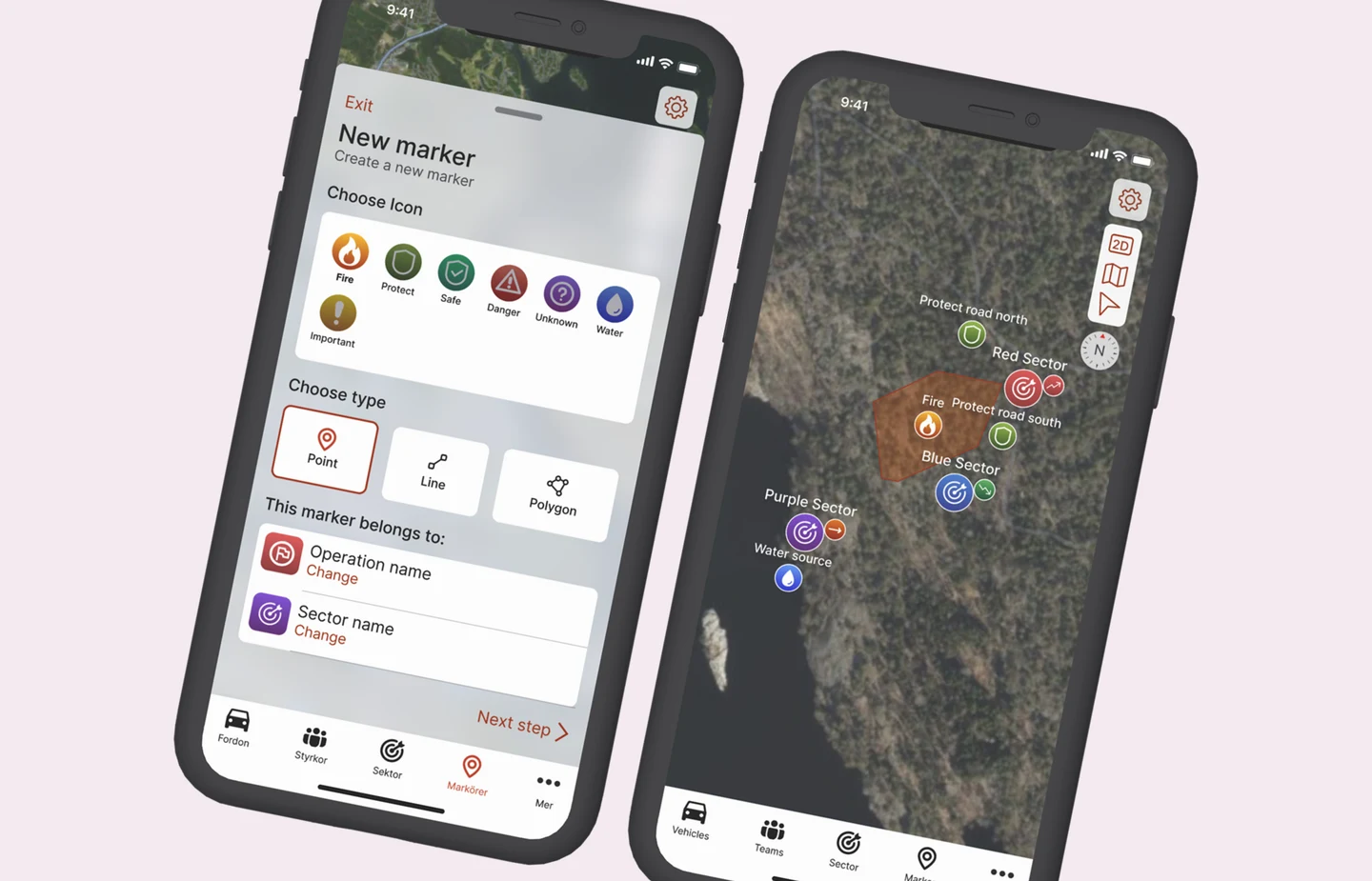 INCA app screens: new marker form and live map of a forest fire